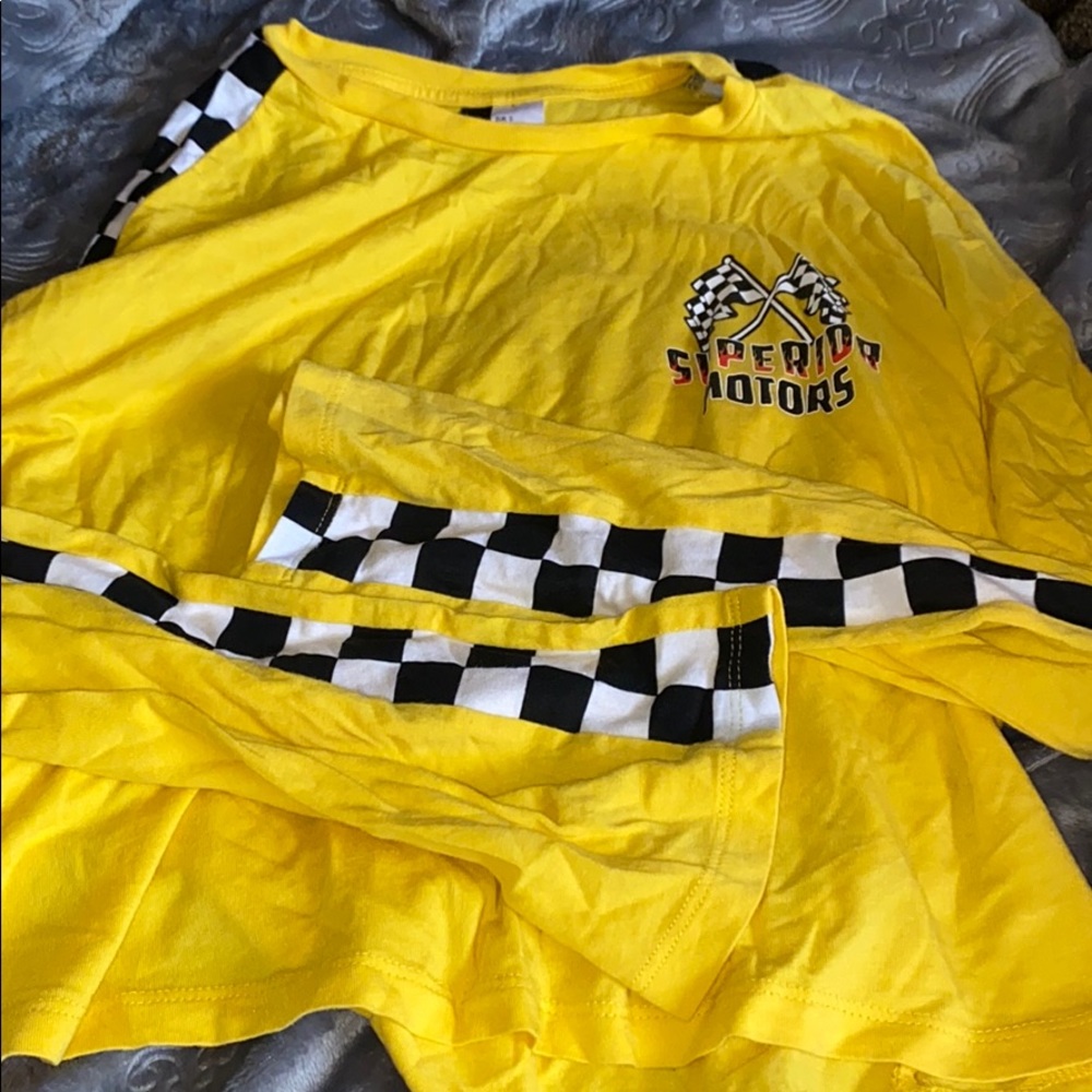 Yellow checkered print race car long sleeve shirt